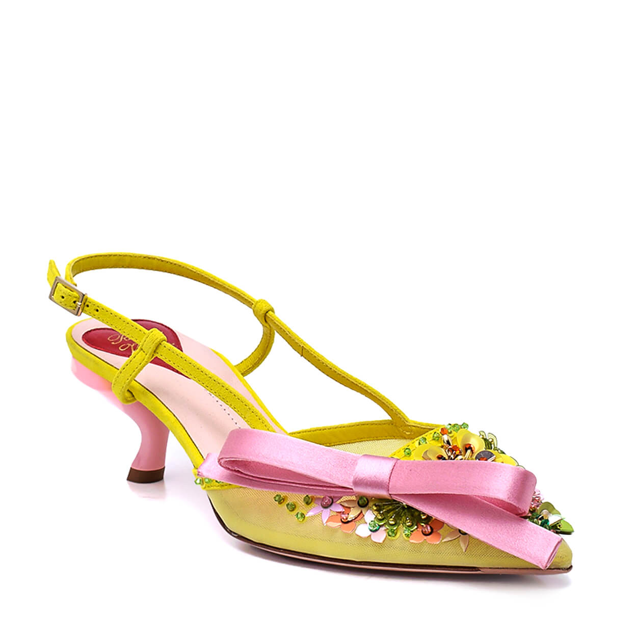 Rene Caovilla - Yellow & Pink Virgule Flower Bow Slingback Pumps 38.5